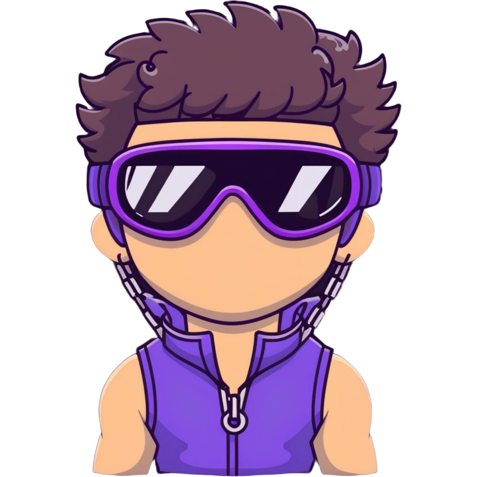 close-up of male athlete with white skin and moderately curly dark brown hair on top with shaved sides, wearing ski goggles with purple frames and very dark black lenses, a simple plain black chain necklace, and a completely unzipped sleeveless vest with purple and black sequin fire pattern design with no logo, frame centered on face and upper chest emoji