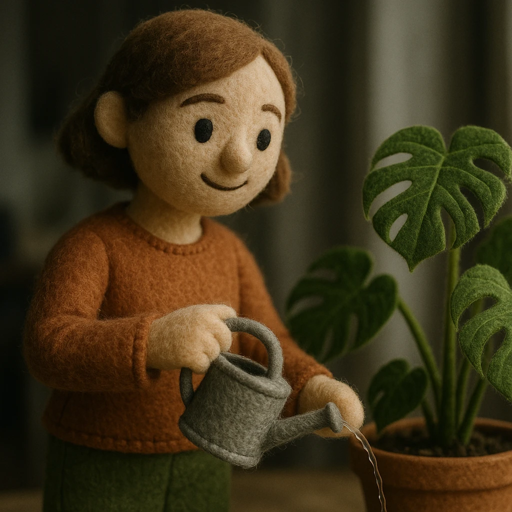 woman watering her monstera plant emoji