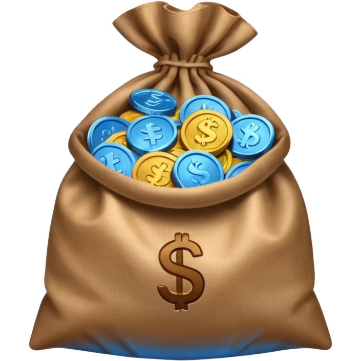 blue coins inside an opened brown money bag  emoji