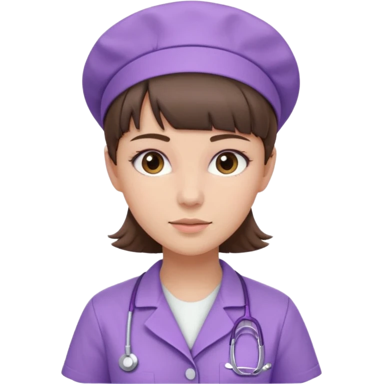 A young female slim nurse with short Brown hair with fringe over her forehead, wearing larvendar purple working cloth, without hat emoji