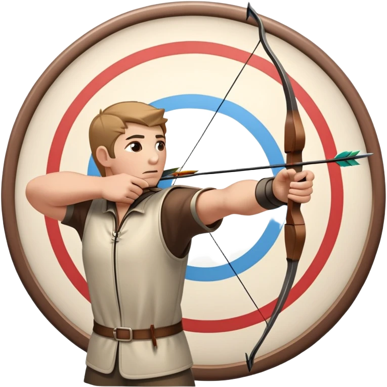 An archer drawing a bow and aiming an arrow at a target, with perfect focus and precision. The target is visible in the background, featuring concentric rings. The scene captures the concentration and skill involved in archery, emphasizing the elegance and accuracy of the sport. emoji