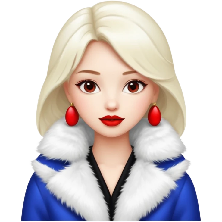 A beautiful, cute girl with red lipstick is posing for a photo in a white fur coat emoji