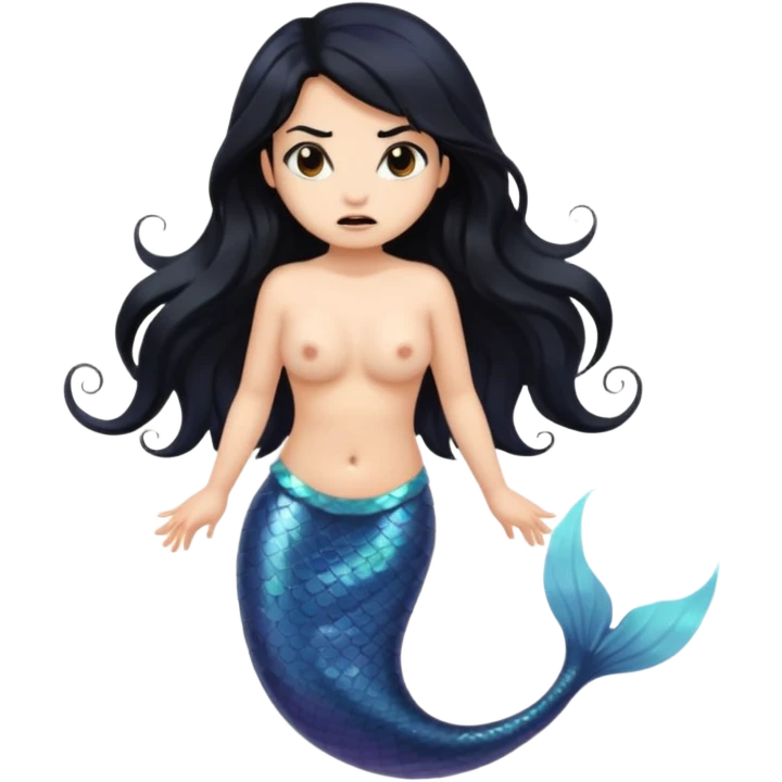 Angry mermaid with black hair and black and brown tail. Long hair covering chest. emoji