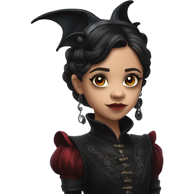 surprised Lavish Victorian black evening gown with see-through gloves, Jenna Ortega as Addams girl Jedi wearing a steampunk mini tiara, very large blood red evil-looking horned dragon emoji
