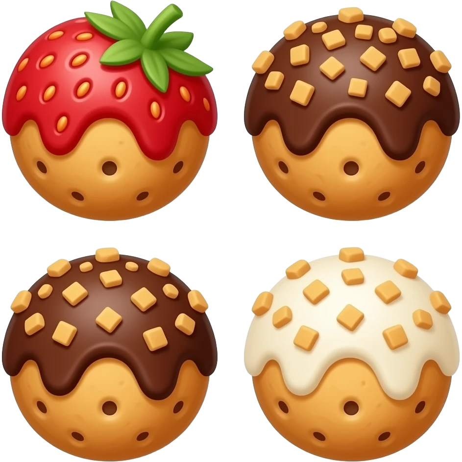 biscuit balls with strawberry/chocolate/vanilla topping + crumbs topping emoji