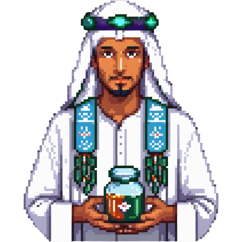 Arab man with traditional headdress holding medicine emoji