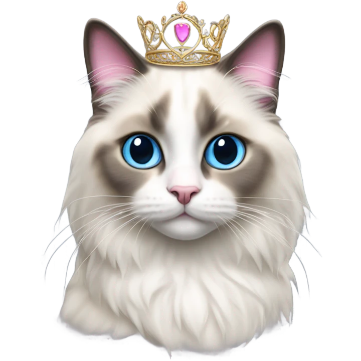 Realistic ragdoll cat with blue eyes and Dark markings wearing pink and gold tiara emoji