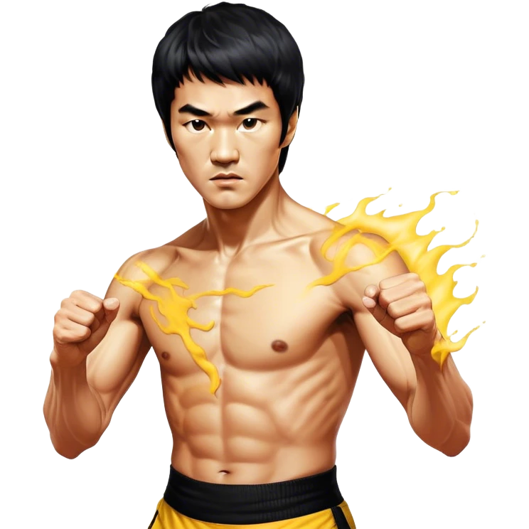 Cinematic Realistic Bruce Lee Portrait Emoji, depicted as a dynamic martial arts icon with an intense gaze and athletic physique caught in a fluid motion, rendered with vivid textures and energetic lighting that embodies his legendary prowess. emoji