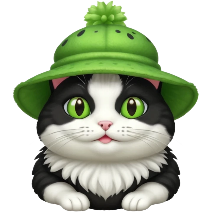 Black and white cat with a frog-shaped hat emoji