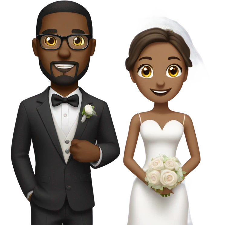 Handsome African-American groom with goat tee and brunette Caucasian bride both wearing glasses emoji