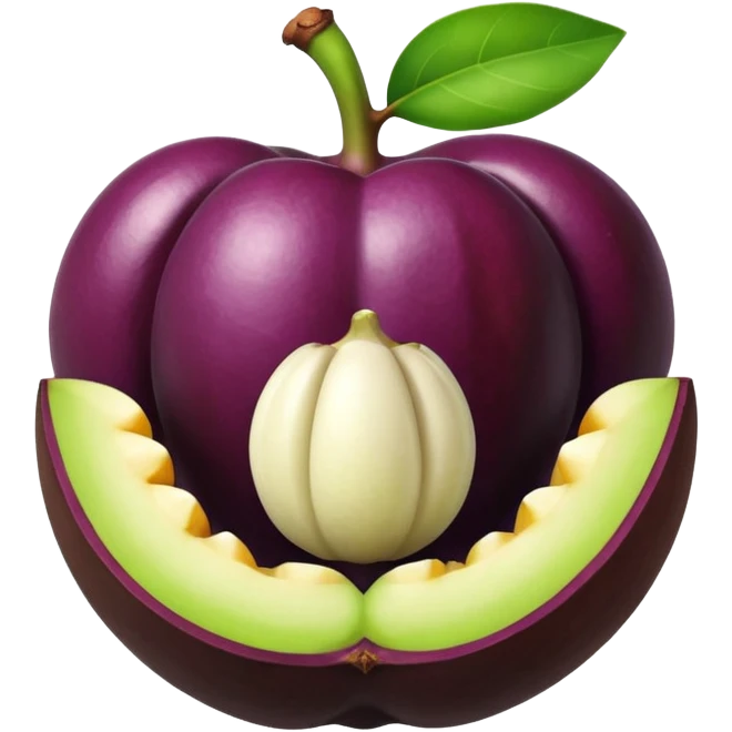 whole mangosteen with thick deep purple rind and green segmented calyx on top, next to a halved fruit revealing glossy white segmented flesh inside, soft juicy interior, firm outer shell, no leaves plate or extras, apple emoji style, soft lighting, subtle shadows, transparent background, emoji scale emoji