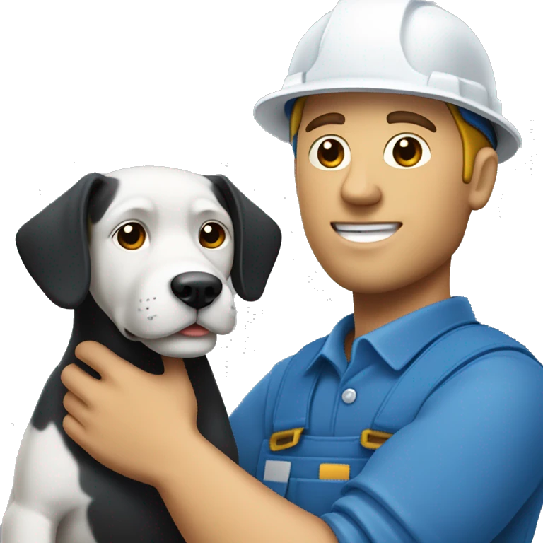 Bold white male construction worker wearing a hat and blue work wear Holding a little black dog on his arm emoji