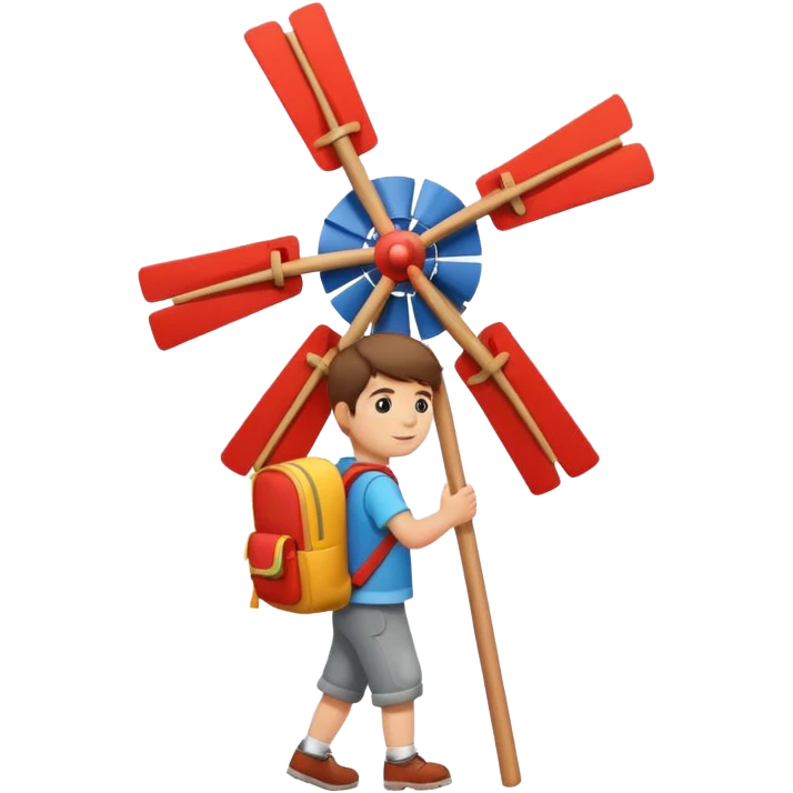 Boy carrying toy windmill backpack emoji