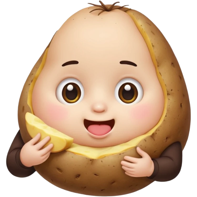 chubby emoji character with big eyes and rosy cheeks, munching on a potato, holding it with both hands, simple and adorable, LINE/Kakao Friends style emoji