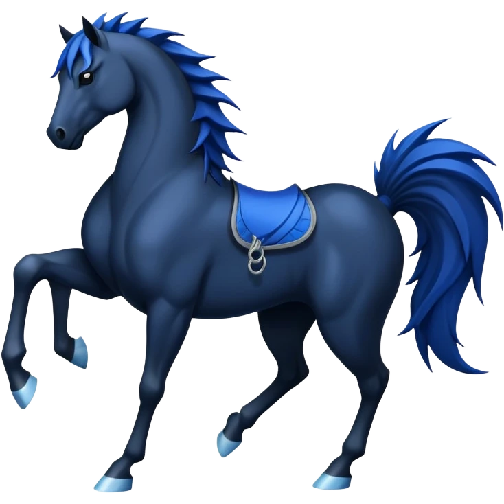 Ninja water horse, black horse body, dark blue watery accents, sharp spikes along mane and tail, fierce warrior pose emoji