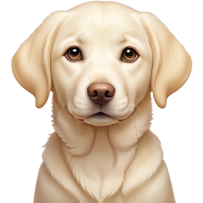 Cinematic Cute Cream Labrador Portrait Emoji, Head tilted playfully and inquisitively, featuring a silky cream Fur with a gentle sheen, round, sparkling warm eyes filled with curiosity, Simplified yet irresistibly adorable features, highly detailed, glowing with a warm, friendly glow, high shine, affectionate and spirited, stylized with a touch of whimsy, bright and endearing, soft glowing outline, capturing the essence of a mischievous yet loving companion, so playful it feels like it could dash out of the screen and into your arms! emoji