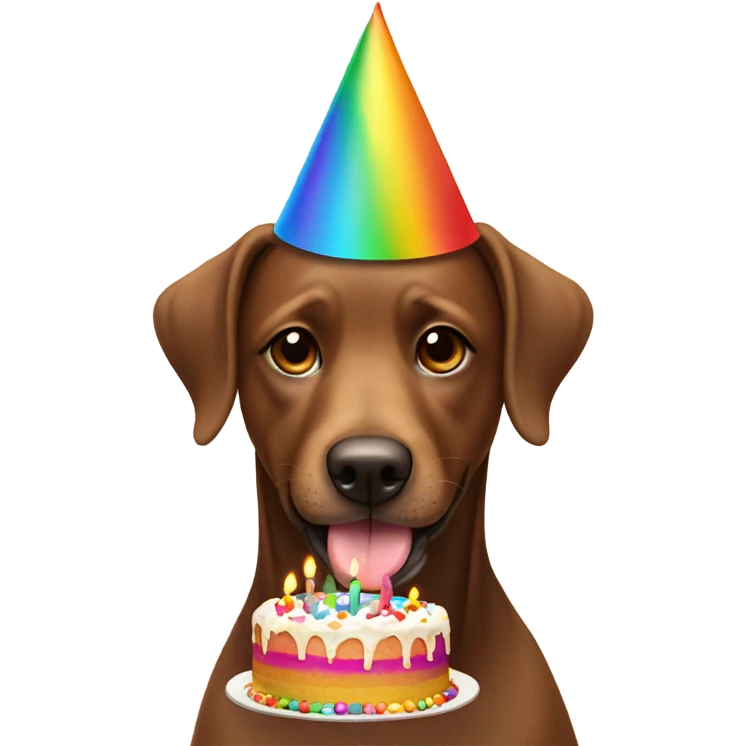 brown dog wearing rainbow party hat eating birthday cake emoji