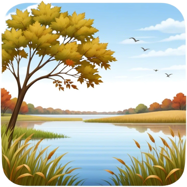 A gentle breeze flowing through a vast open field, making the tall grass and tree leaves sway gracefully. The wind creates soft ripples on a calm lake, while scattered autumn leaves dance in the air, adding a sense of motion and tranquility emoji