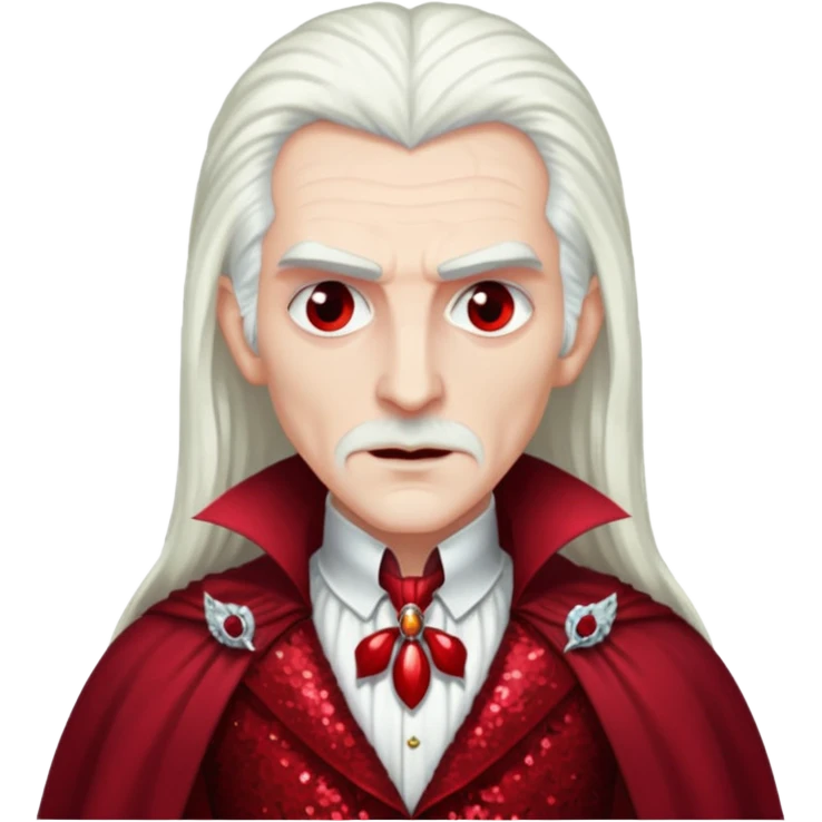 Dracula with long white hair, dark red sequin outfit emoji