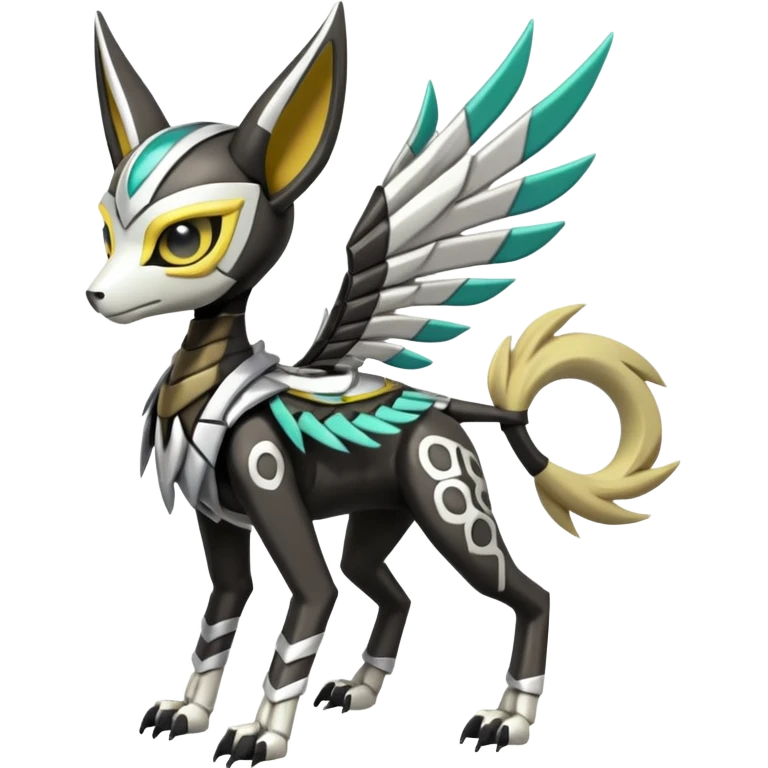 Futuristic feral quadrupedal Arrow-patterned chevron-marked Big-eyed anime-styled Colorful Shiny Tribal Skeletal masked armored Meloetta-Silvally-Solgaleo-Raikou-Pokémon-Digimon-Fakémon-fusion-hybrid-creature, full body emoji