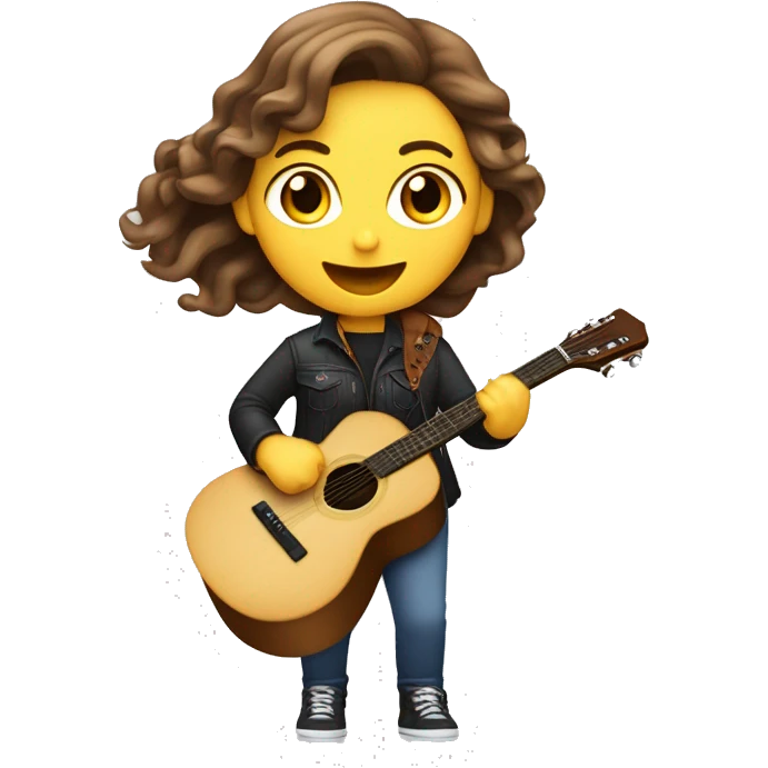 Une Femme caucasienne aux cheveux brun ondulé qui chante dans un micro et joue de la guitare  emoji