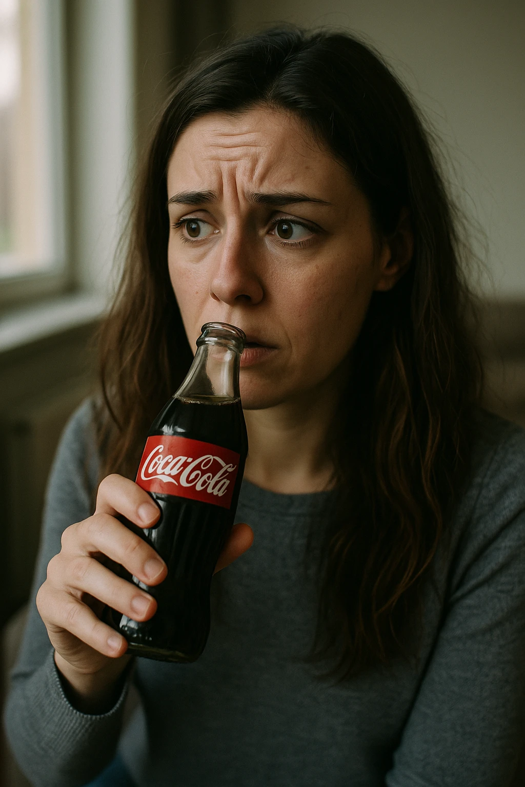 donna con ansia. Che beve coca cola. Immagini realistiche emoji