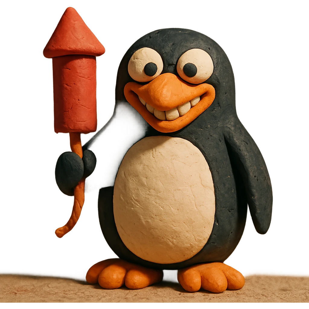 penguin holding a firework, grinning menacingly emoji
