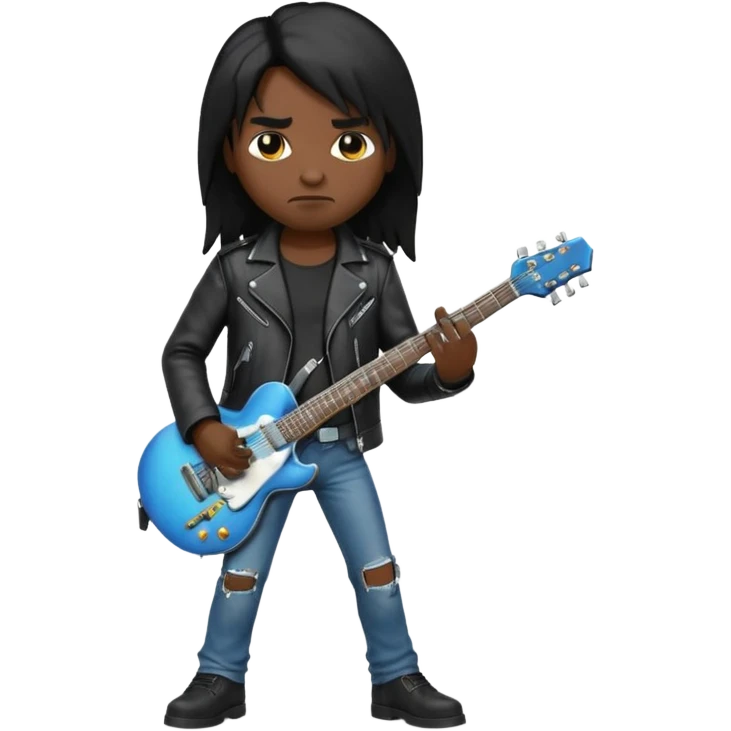 3D Apple-style emoji of a metal musician. Long hair, black leather jacket, ripped jeans, holding an electric guitar. Intense expression, glossy, rounded, smooth, soft shadows, white background.










 emoji