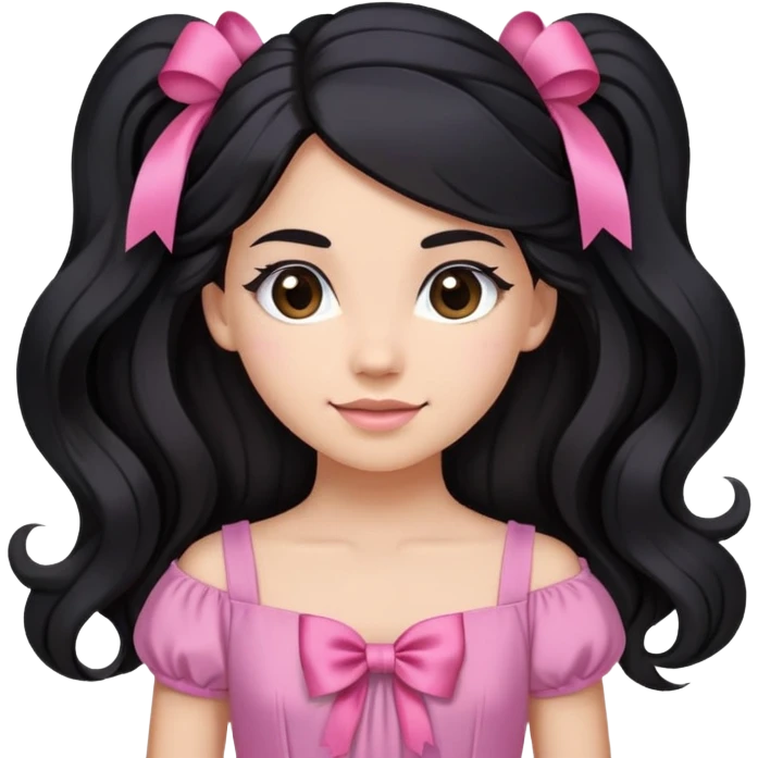 Beautiful girl with long black hair in a half-up half-down hairstyle with pink ribbon tying the top half, waves at the ends, brown eyes, light skin, slight smile, and pink dress emoji