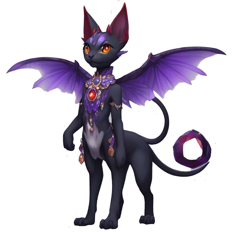 cool kawaii anime edgy distinguished ethereal elegant beautiful fantasy black purple red ethereal fantasy nargacuga-Noivern-sphynx-Quiana-Fakemon collar harness moon gem jewels full body emoji