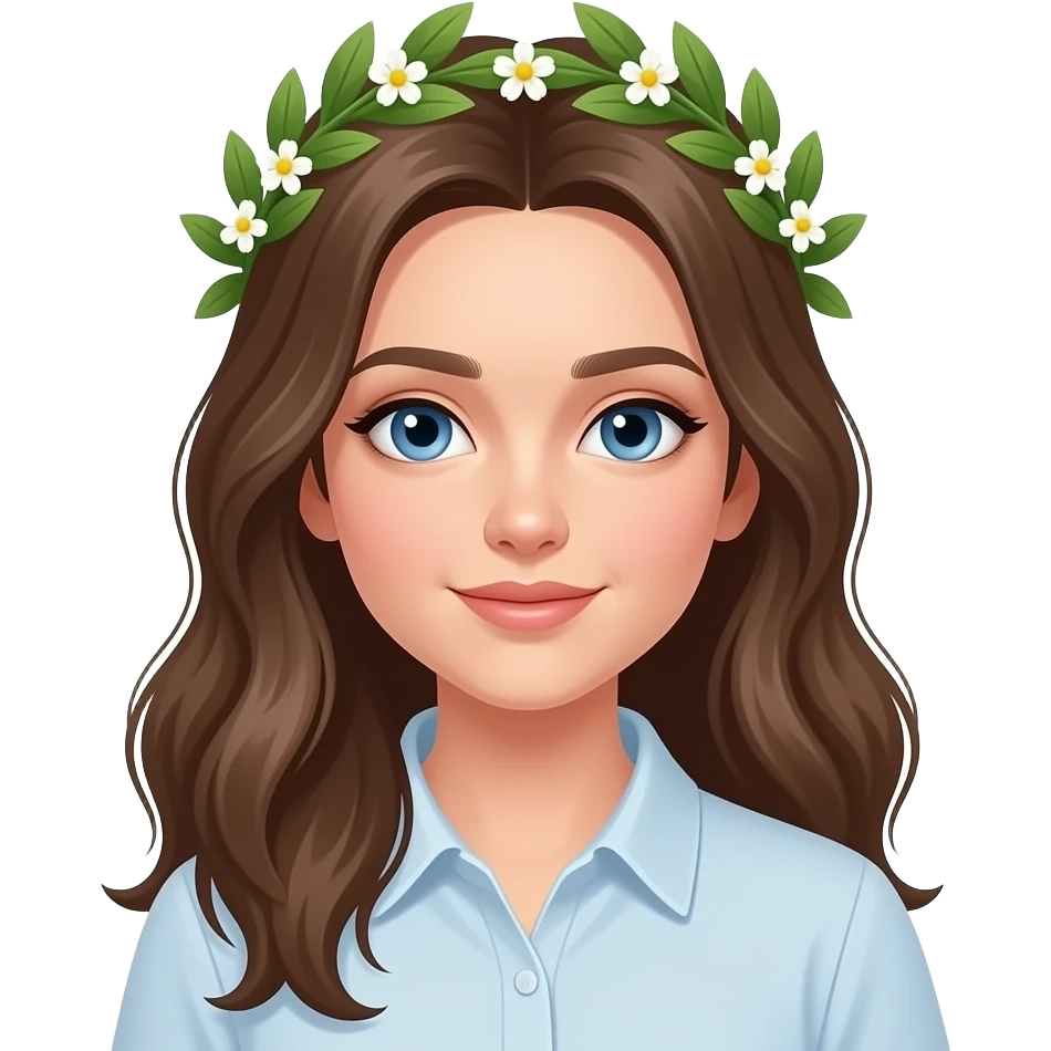 Ragazza occhi azzurri capelli castani lunghi con camicia corona alloro con fiori piccoli bianchi solo in testa emoji