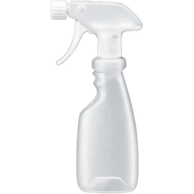 a transparent plastic spray bottle with a long stainless-steel nozzle, a comfortable white handle, and a trigger mechanism. The nozzle is thin and slightly curved at the tip, designed for precise spraying. emoji