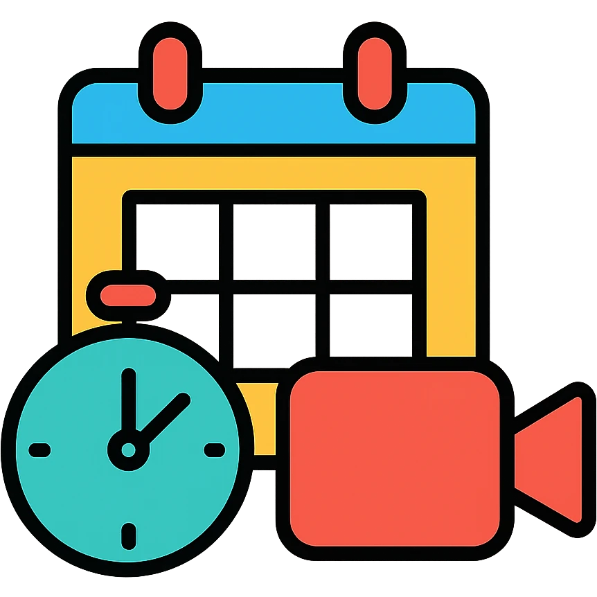 A colorful icon showing calendar, timer, and video camera overlay in a minimalist style emoji