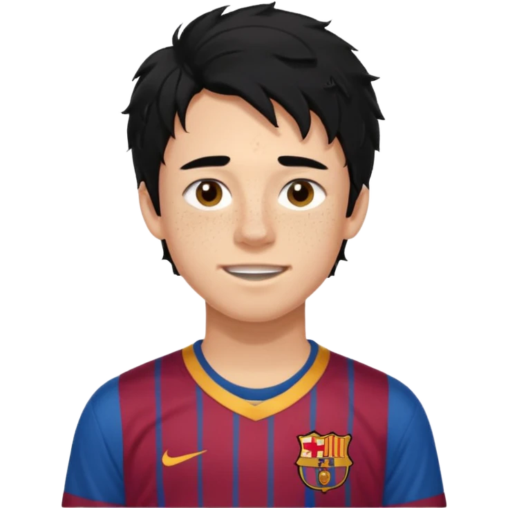 Un chico con pelo largo, desordenado y negro, tiene pecas, brackets, ojos cafés oscuros y con una camisa del Barcelona emoji