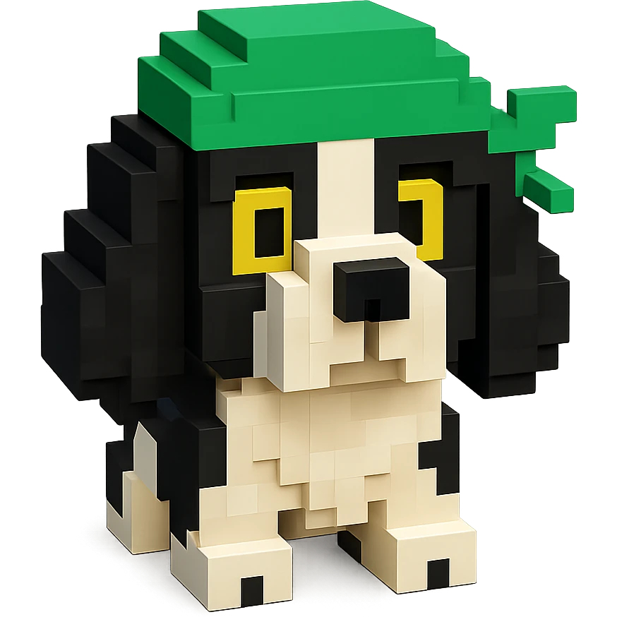 A black and white Russian Cocker Spaniel puppy wearing a green durag, facing forward emoji