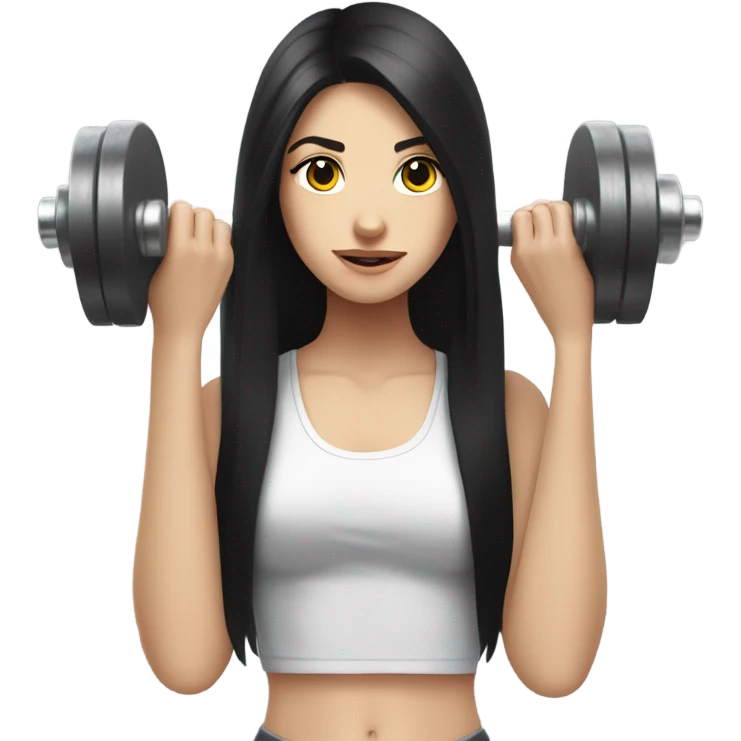 Pale girl with long black hair lifting weights emoji