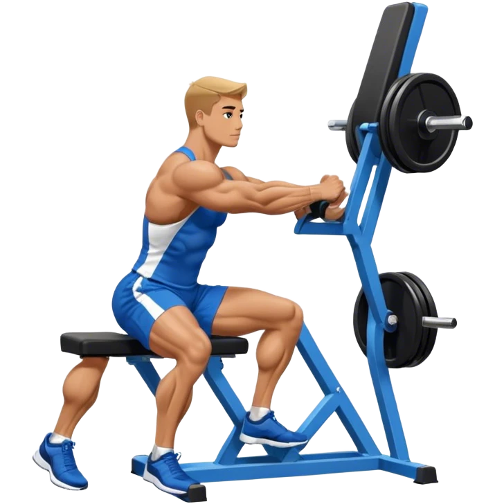 side-view bodybuilder in blue shorts seated weighted calf-raise machine lower leg exercise emoji