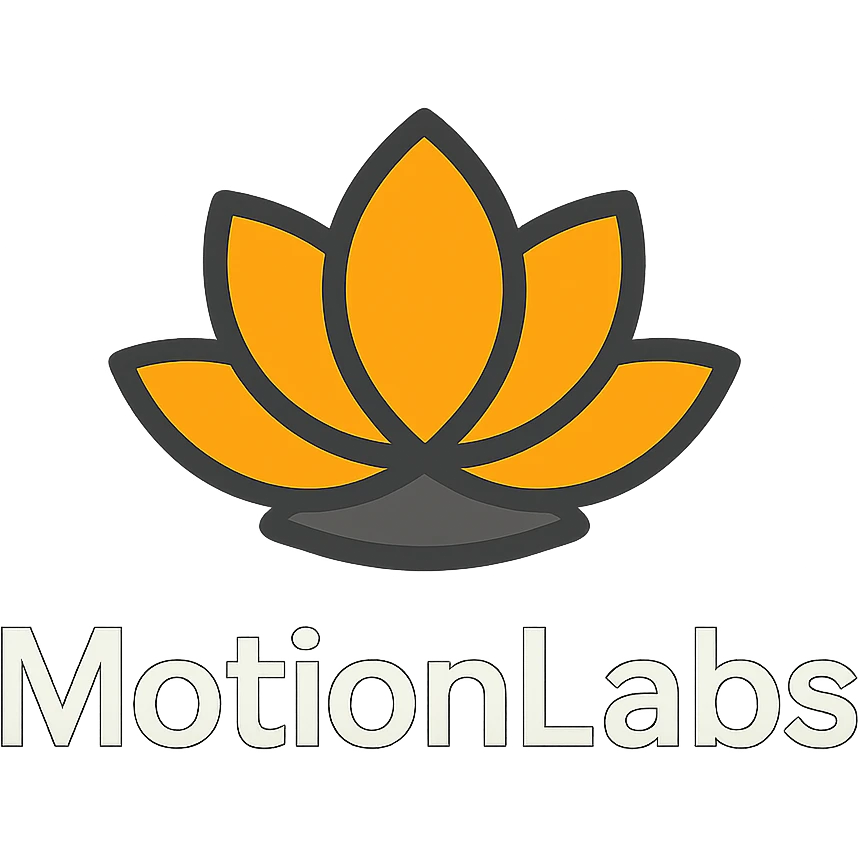 ultra luxury logo for MotionLabs with a stylized lotus icon, colors #ffa31a, #808080, #292929, #1b1b1b, #ffffff, dark background emoji