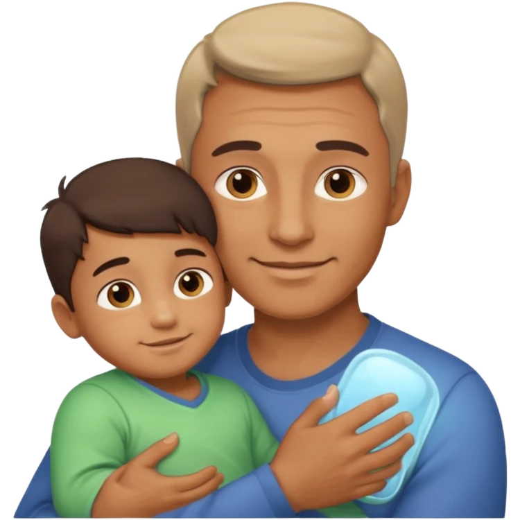 The father stands under the soft sunlight, his strong arms holding his child close to his chest, his gentle face glowing with a warm smile. emoji