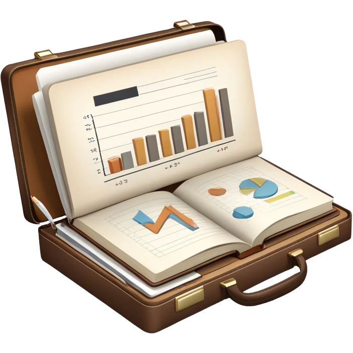 Icon for Business Reading: a prominent open book in the foreground with a briefcase, a laptop and a notepad around it, with a bar graph symbolizing ideas and growth. The icon should represent the knowledge and strategy of business literature. Transparent background. emoji
