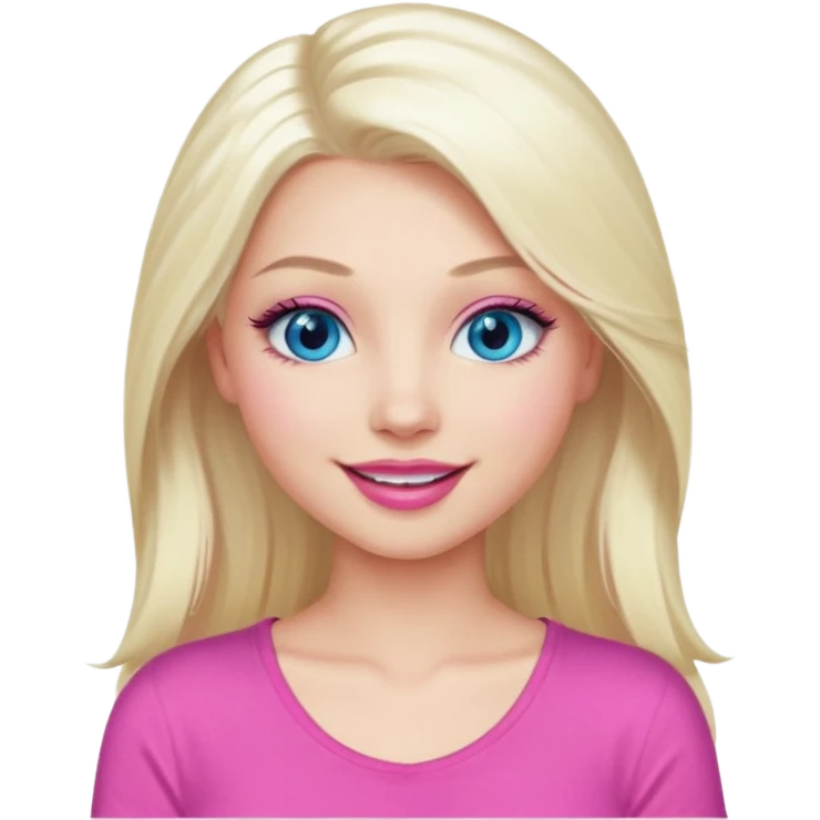 Girl with long platinum blonde hair, blue eyes, long lashes, sexy pink lips, wearing a pink top emoji