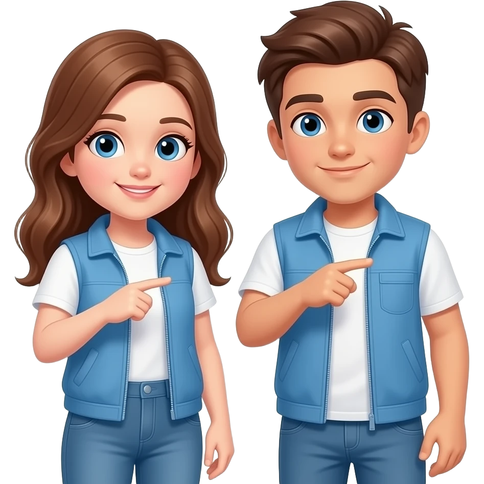 una niña i un niño señalando a un sitio detras de ellos son hermanos con ojos azules la niña tiene el pelo marron avellana i largo tiene la ropa con un peto azul i la camiseta es blanca. Que salga el cuerpo completo emoji