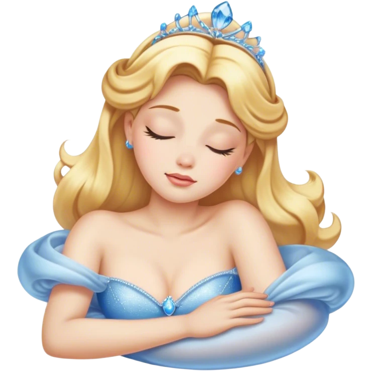 Cinematic Realistic Sleeping Cinderella Portrait, portrayed with exceptional realism: her luminous porcelain skin and exquisitely detailed golden-blonde hair lie softly under the gentle caress of natural light. Her eyes are peacefully closed in a serene, dreamlike slumber, and every fold and shimmer of her iconic ball gown is rendered with painstaking detail. The overall composition radiates a quiet, enchanting glow that encapsulates the timeless, restful beauty of a princess lost in a gentle, magical dream. emoji