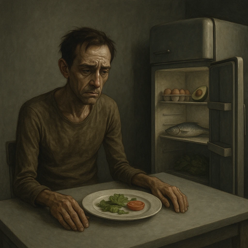 symbolic realism, cinematic lighting, muted color palette; thin, tired-looking man sitting alone at a minimalist kitchen table, plate with only a few leaves of lettuce and a slice of tomato, frustrated and weary expression, sunken eyes, low energy, cold and empty background symbolizing deprivation, closed fridge nearby with healthy but untouched foods inside (eggs, avocado, fish), expressive facial details emoji