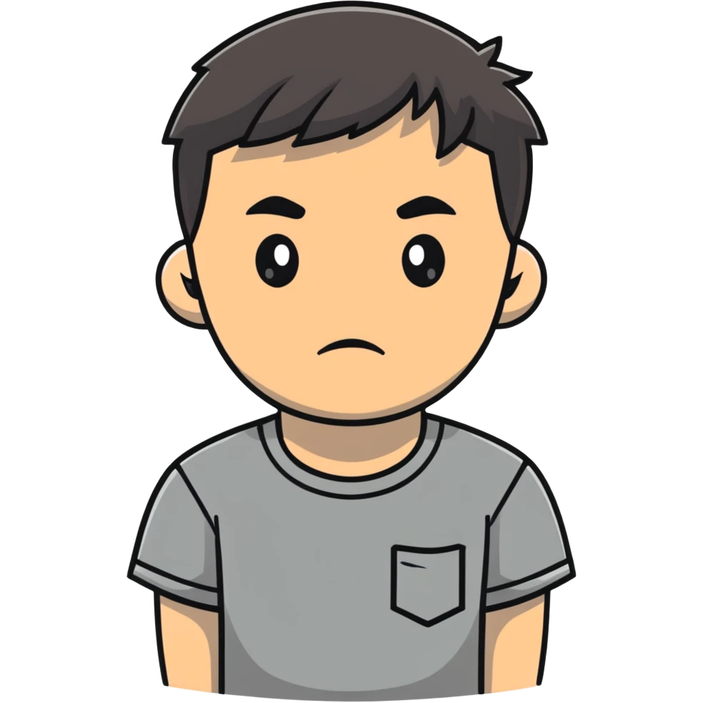 Asian man in a gray shirt with a frown emoji