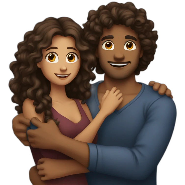 Hug between brown guy with dark hair and a long curly brown hair woman emoji