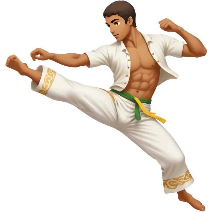 A Brazilian man as a capoeira fighter in mid-air performing a spinning kick, with Brazilian features, tan skin tone, wearing traditional white capoeira pants and a cord, vibrant and flowing pose, surrounded by motion swirls emoji