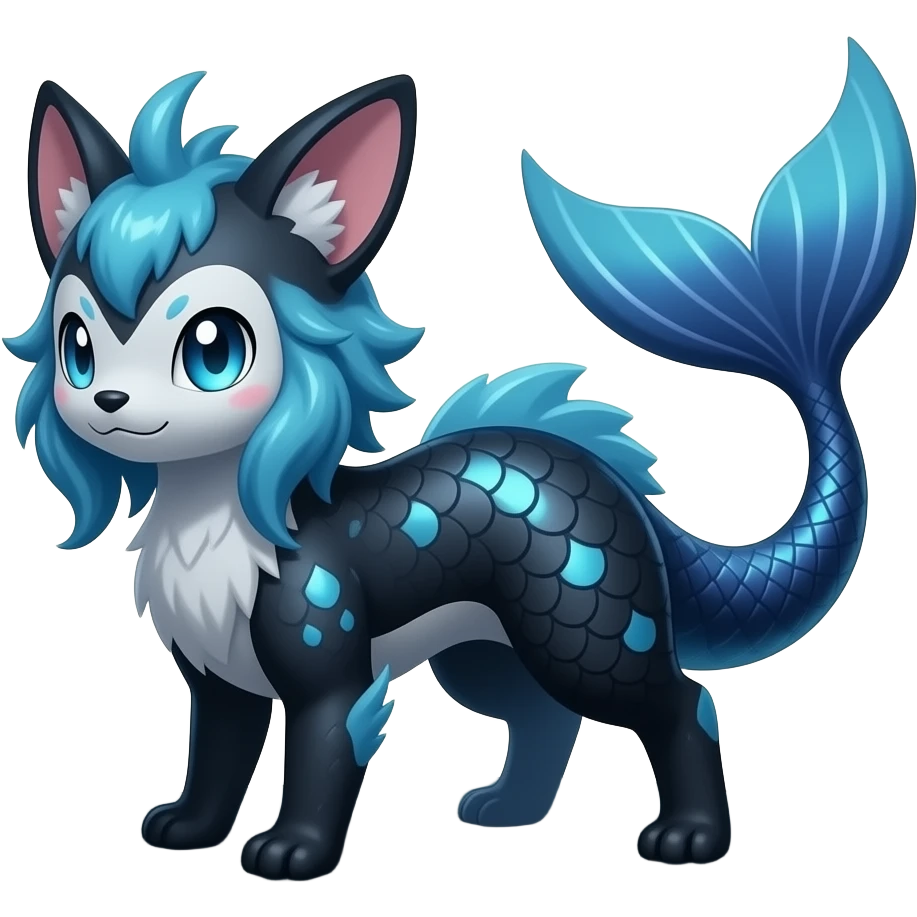 Epic complex abyssal fantasy swampy glorious detailed dark dusky gloomy deep gothic gloomy cobalt-blue-abyss-blue-black-greyish, realistic Fakémon-Sprigatito-Floragato-Meowscarada-Vaporeon-Salandit-Trico-Sergal-Serval-Vernid-creature (full body) with mermaid-ears, tail fin, shiny sparkly, iridescent emoji