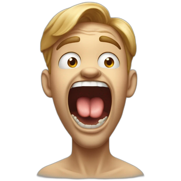 A guy with his tounge at the roof of his mouth with his mouth open, and his hand pointing at his jaw and he is mewing emoji
