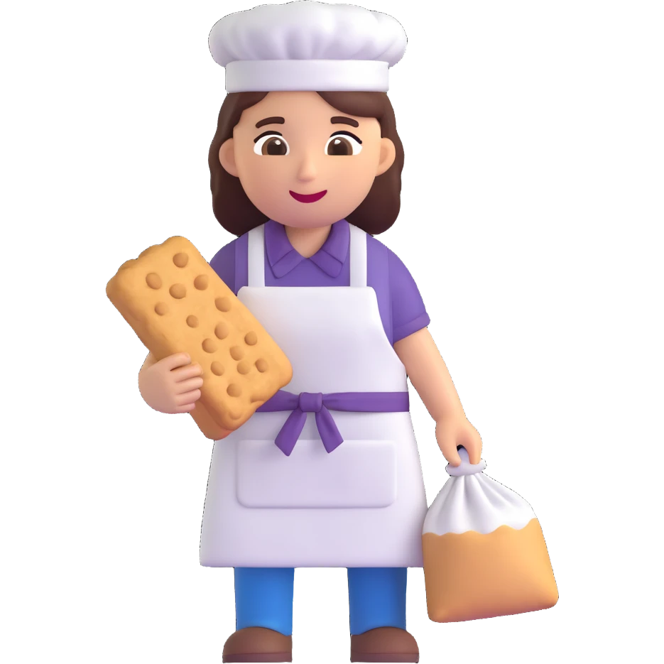 cookie factory worker emoji, with apron, carrying a bag of flour emoji